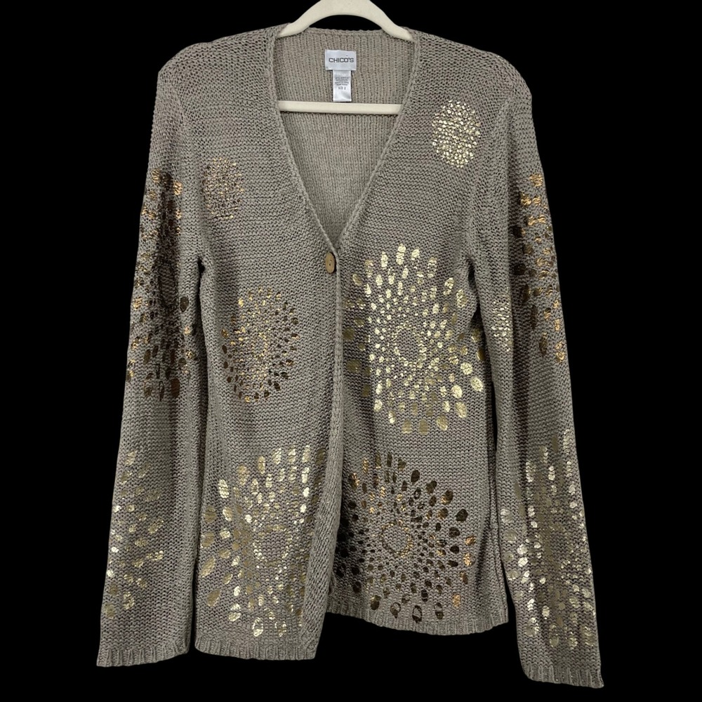Chico's Size 2 Large Cardigan Taupe Boho Gold Metallic Sunburst Whimsigoth Women